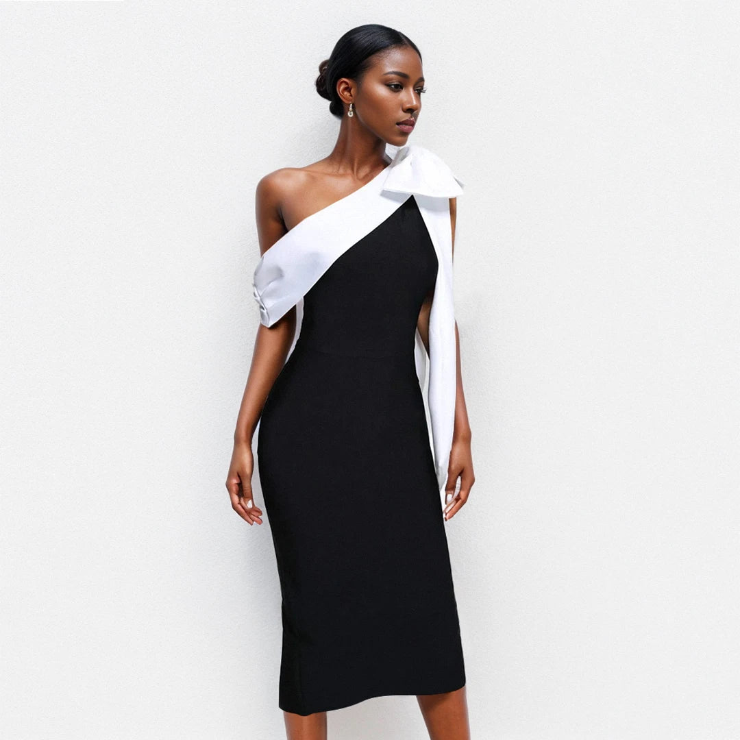 Women Sexy Slash Neck Off the Shoulder Big Bow Bodycon Midi Bandage Dress Elegant Evening Party Celebrate Dress