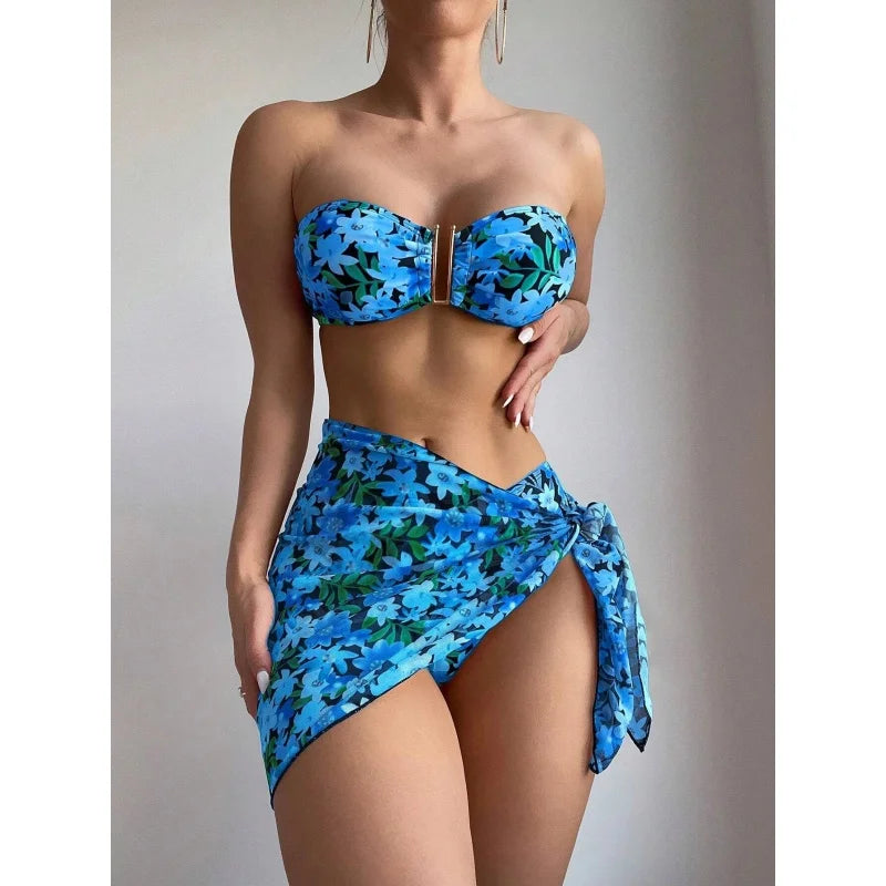 Swimsuit Women's Split Three-Piece Printed Metal U-Shaped Bikini Bikini Swimsuit