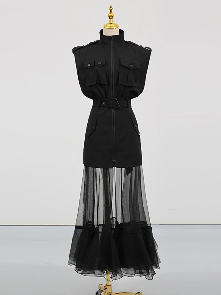 Solid Sheer Spliced Mesh Folds Dress for Women Round Neck Sleeveless Patchwork Zipper elegant Dress Female Fashion BLACK