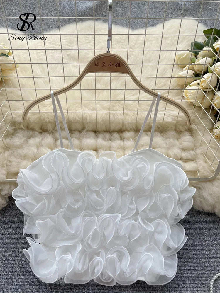 SINGREINY French Style Sheath Solid Sexy Camisole Female 3D Flowers Elastic Tops Ladies Holiday Short Sweet Streetwear Camis white One Size