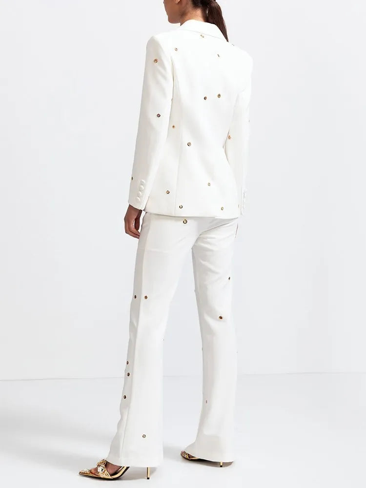 Casual Hollow Out Two Piece Sets For Women Notched Collar Long Sleeve Blazer High Waist Pant Loose Set Female Style