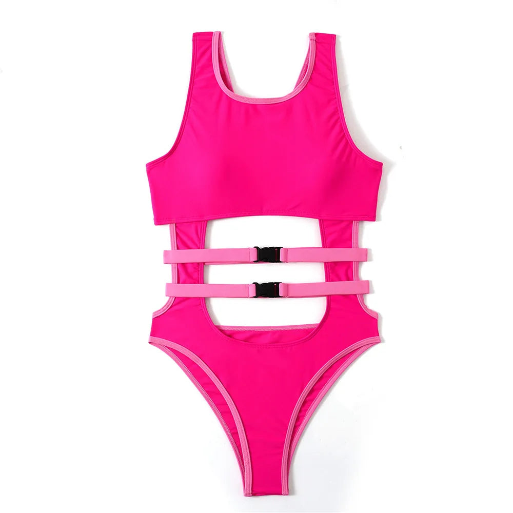 Sexy Rose Red Cut Out Monokini Swimsuit One Piece Swimwear Woman Bandage Bathers High Cut Bathing Swimming Suit for Women