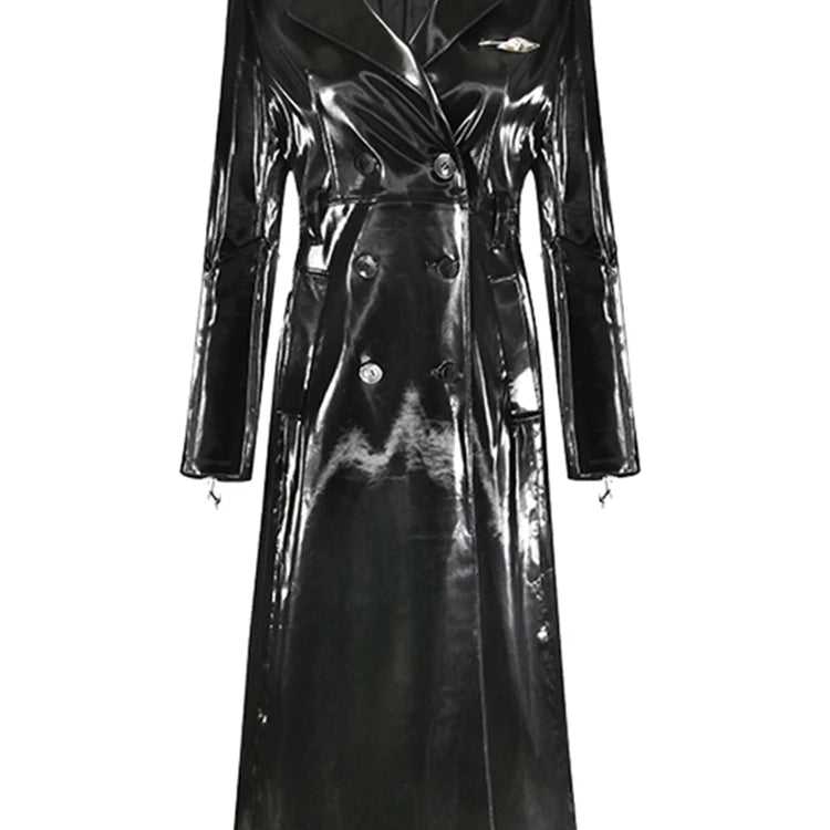 Lautaro Spring Long Shiny Reflective Hard Black Faux Patent Leather Trench Coat for Women Belt Double Breasted Overcoat 2025