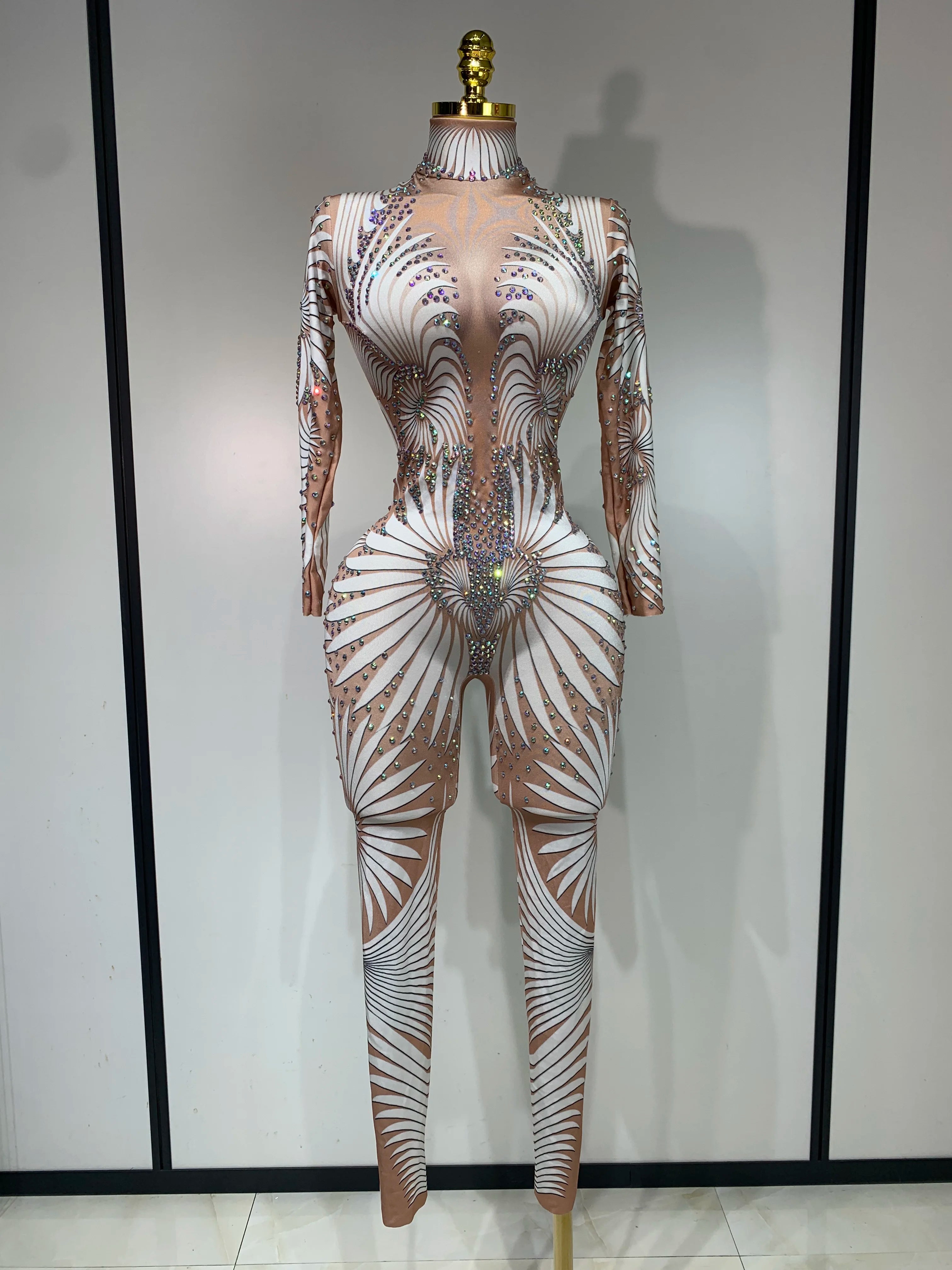 STOCK Sparkly Diamond Women Sexy Mesh Jumpsuit Nightclub Bar Party Show Gogo Dancer Clothing Drag Queen Outfit Stage Costume WHITE