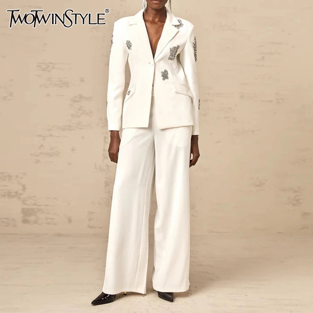 Solid Fashion Two Piece Set for Women Notched Spliced Pockets Blazer High Waist Wide Leg Pants Female Clothing New