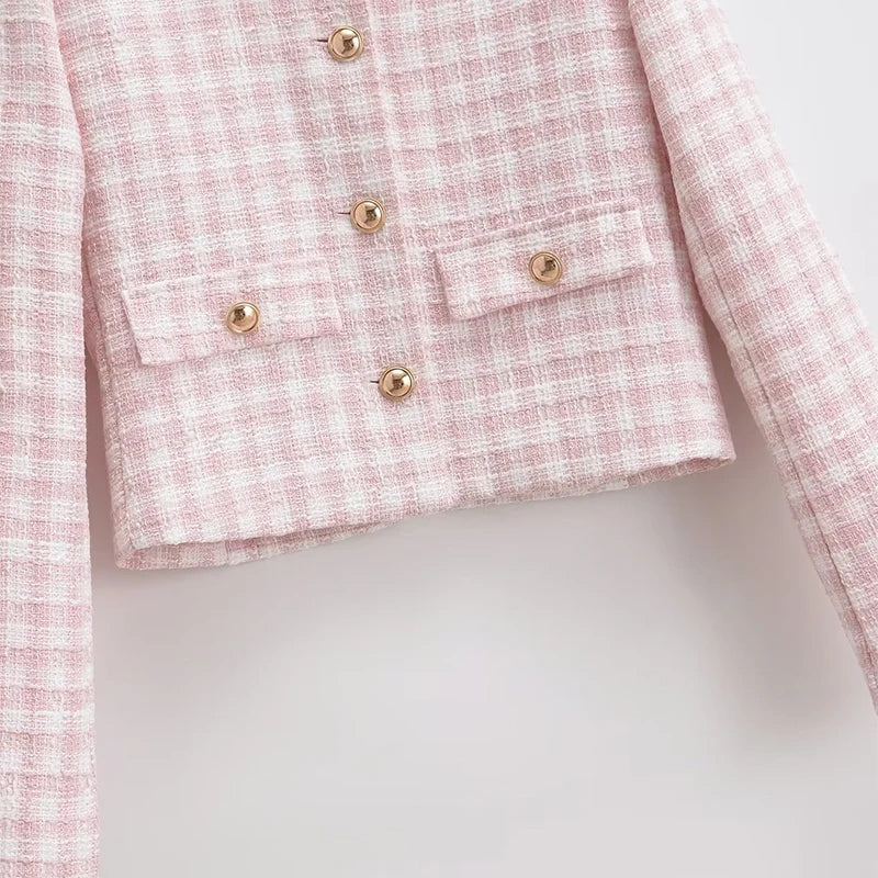 Women's Jacket Autumn Vintage Tweed Blazers Coats Fashion Single-breast Pink Plaid Suit Female New in Outerwears Clothing Top
