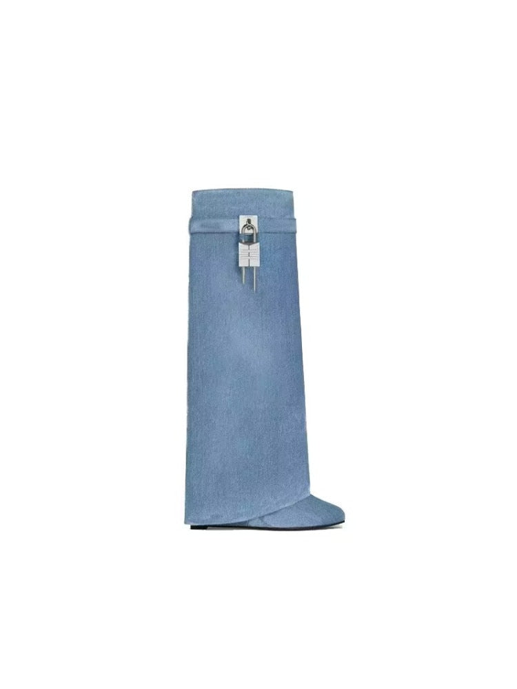 Women's New Knee High Boots Shark Lock Long Thick Soled High-heeled Boots Designer Luxury Brand Women's Leather Boots