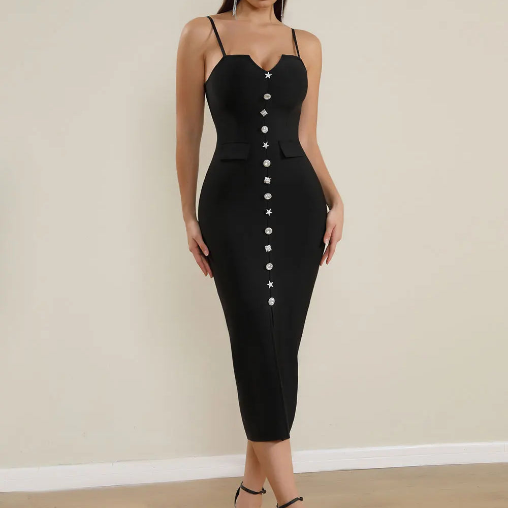 2025 Sexy Women'S Bandage Dress Spaghetti Strap Sleeveless Rhinestone Button Design Bodycon Backless Split Midi Dresses Vestidos black