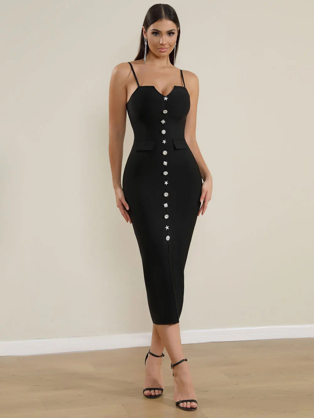 2025 Sexy Women'S Bandage Dress Spaghetti Strap Sleeveless Rhinestone Button Design Bodycon Backless Split Midi Dresses Vestidos black