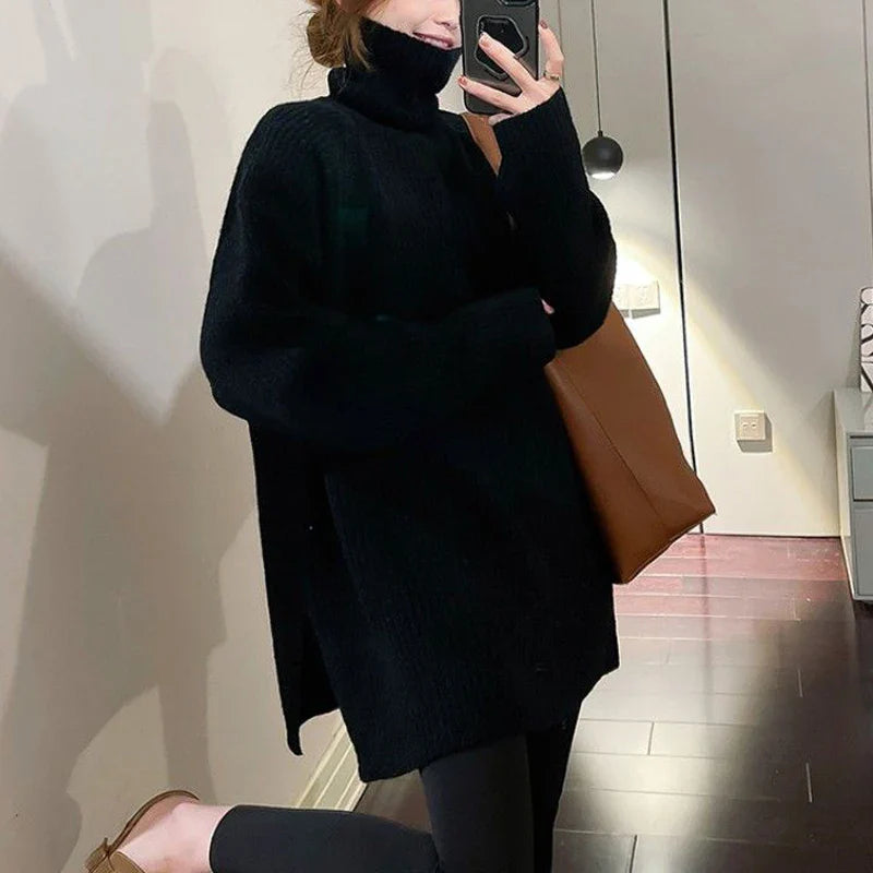 Women Simple Casual Oversized Turtleneck Knitted Sweater 2023 Autumn Winter Trendy Split Long Sleeve Pullover Tunic Tops Jumpers black