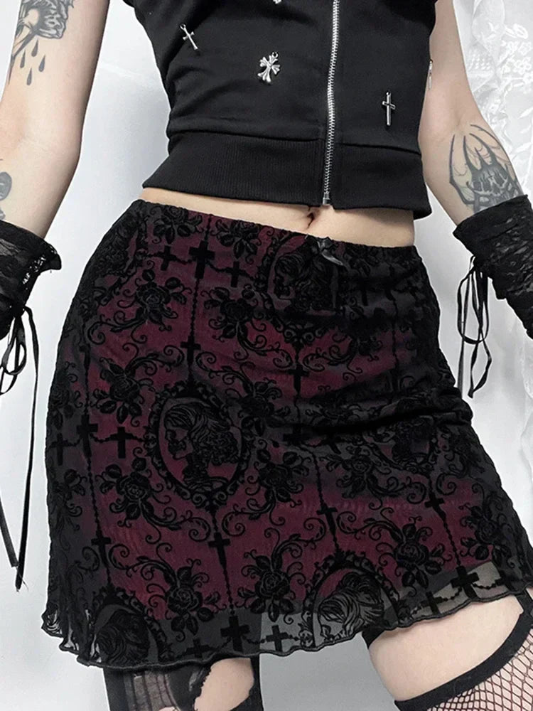 AltGoth Streetwear Elegant Gothic Skirt Women Vintage Emo Alternative Grunge High Waist Flockling Patchwork Mini Skirt Clubwear