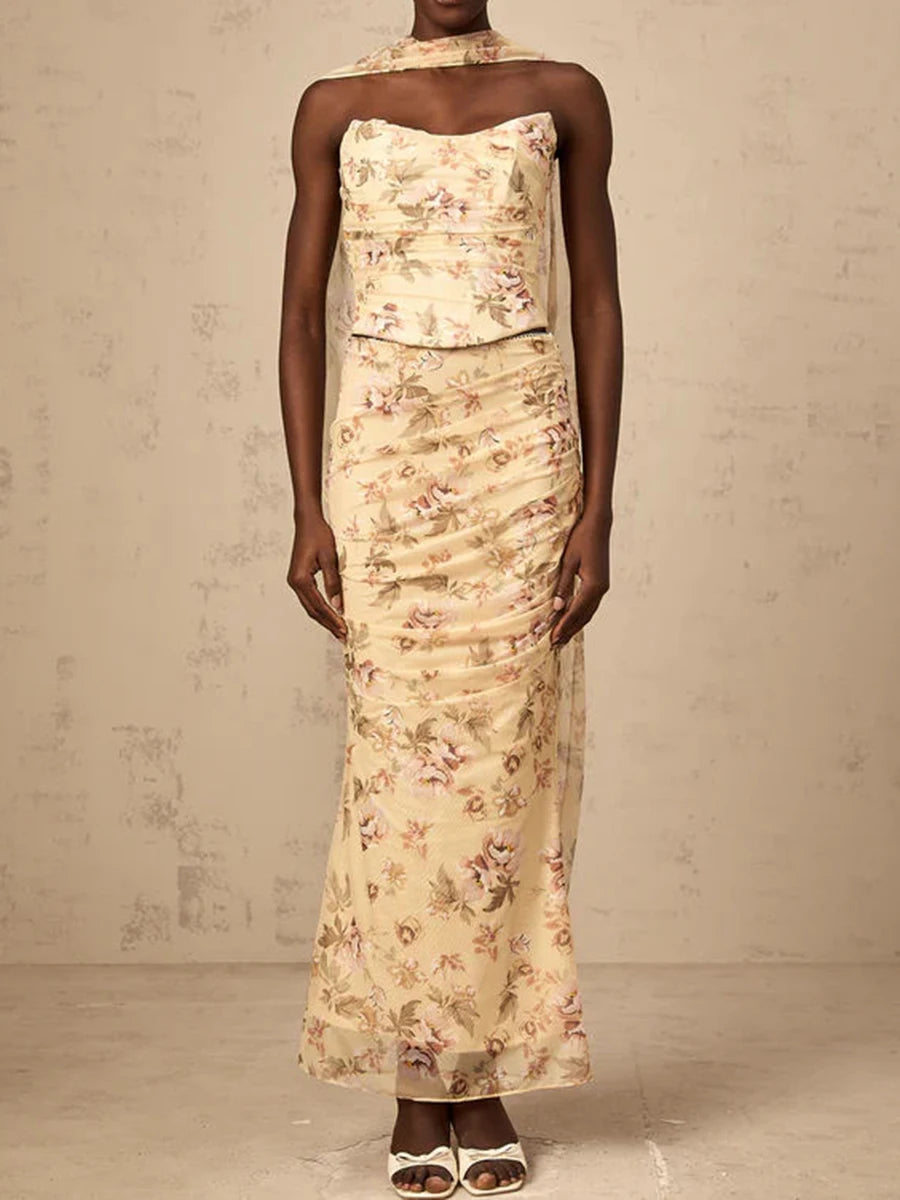 Colorblock Slimming Spliced Mesh Dresses for Women Strapless Sleeveless Patchwork Printing Dress Female Clothing YELLOW