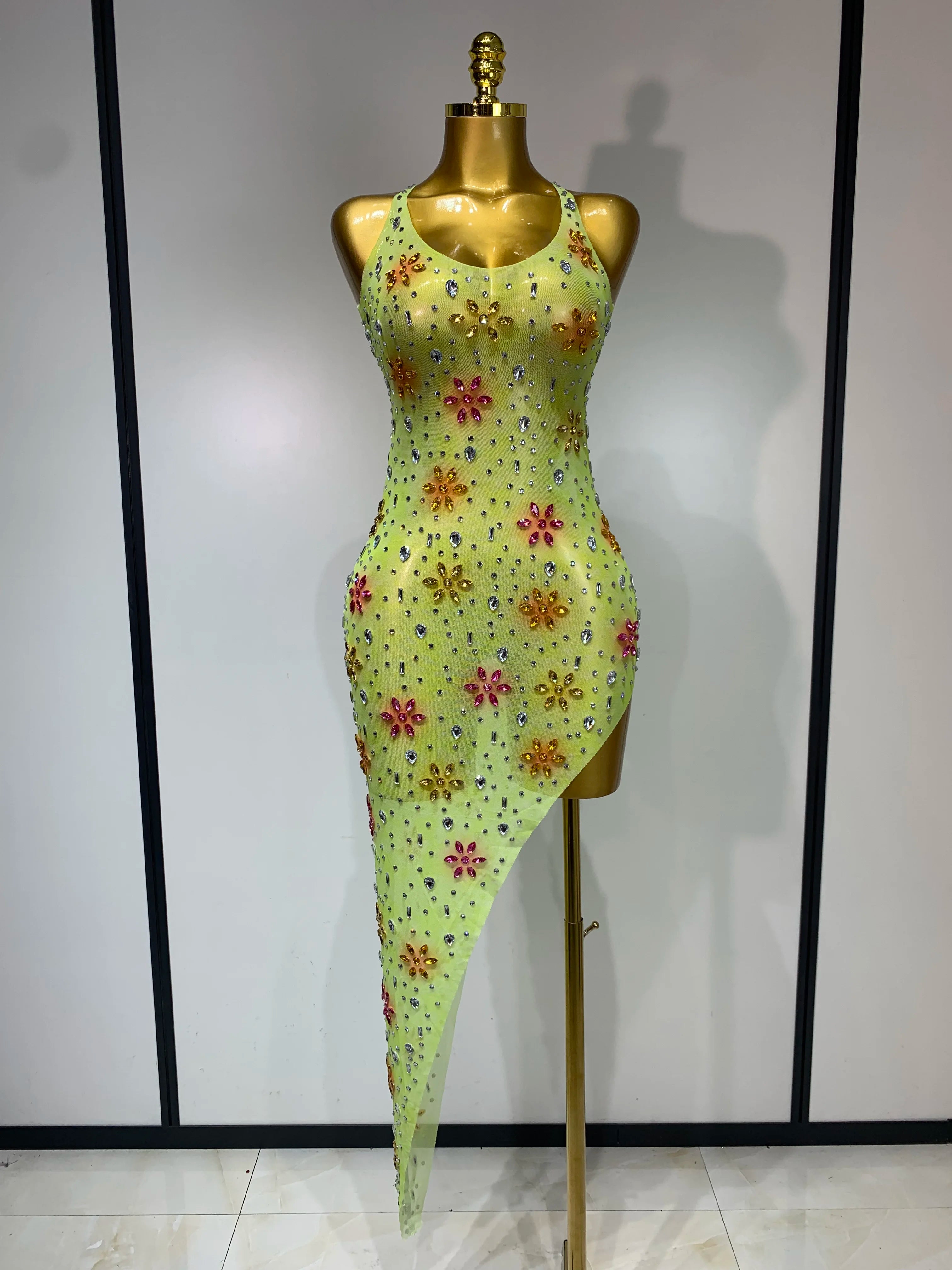 Women Sexy Mesh See Through Stretch Sparkly Rhinestone Performance Costume Stage Dancer Nightclub Party Luxury Birthday Dress Yellow