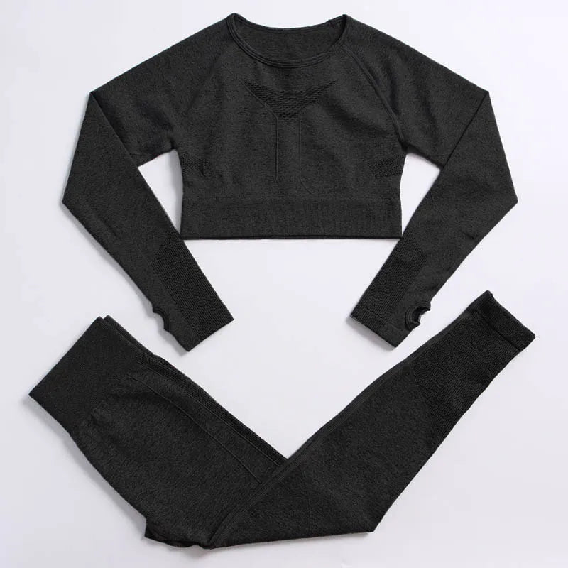2PCS Seamless Women Sports Suits Yoga Set Workout Sportswear Gym Clothing Fitness Long Sleeve Crop Top High Waist Leggings ShirtsPantsBlack
