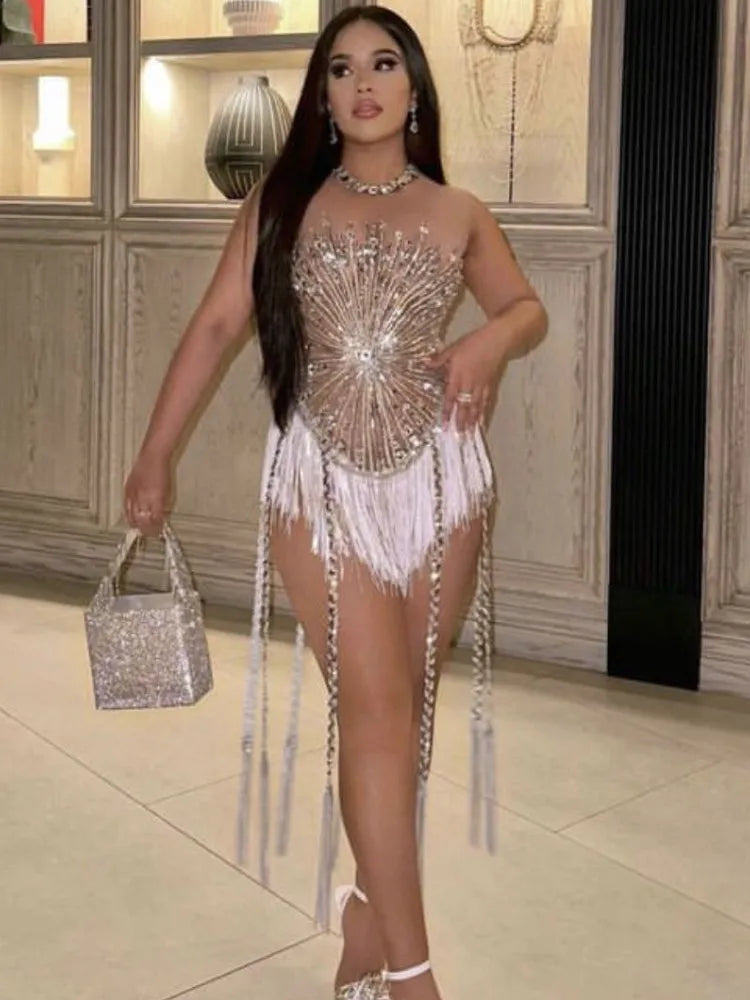 Sliver Sequins Shining Diamonds Long Tassel Sleeveless Mini Dress Evening Dress Woman Birthday Party Outfit