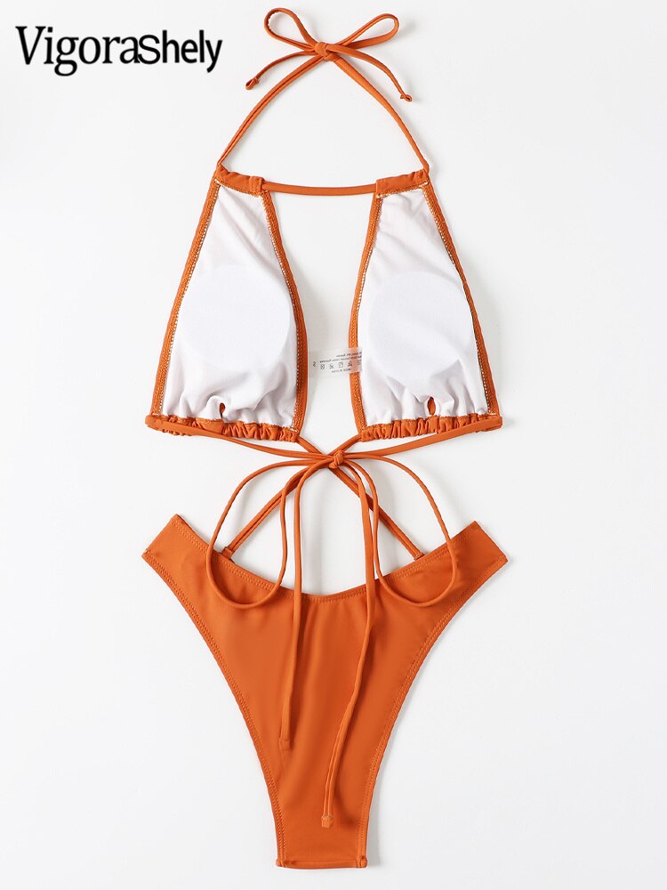 Sexy Brown Halter Swimwear - High Cut Ring Hollow One Piece Swimsuit Monokini Cross Backless Bathing Suit
