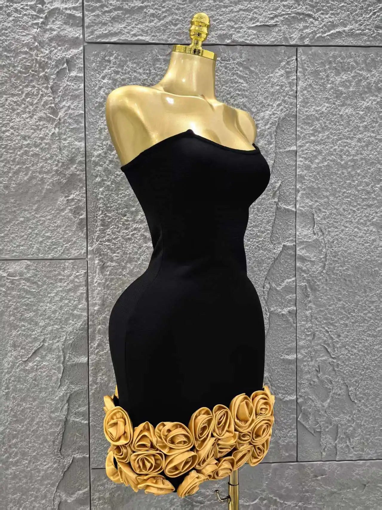 Black Color Golden Florlas Women Sexy Strapless Bodycon Mini Bandage Dress Celebrate Nightclub Party Birthday Vacation Wear