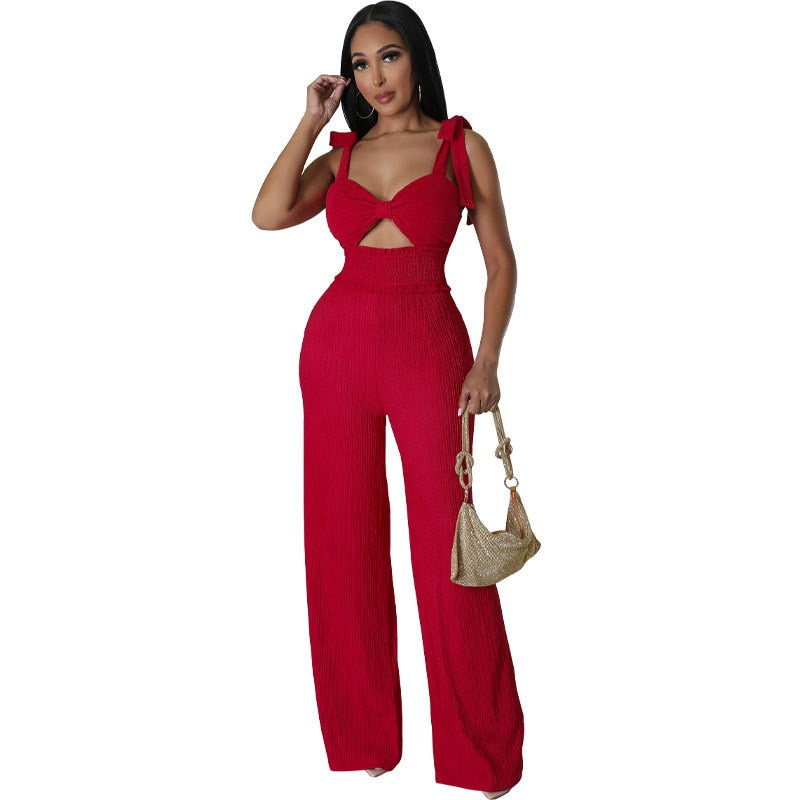 Zabrina 2024 Summer Casual One Piece Jumpsuits For Women Solid Sleeveless Lace Up Backless Pants Street Trendy Female Overalls Red