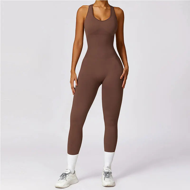 New Yoga Set Seamless Women's Jumpsuits One-Piece Gym Push Up Workout Clothes Fitness Bodysuit Sportswear Tracksuit Short Sleeve dark brown