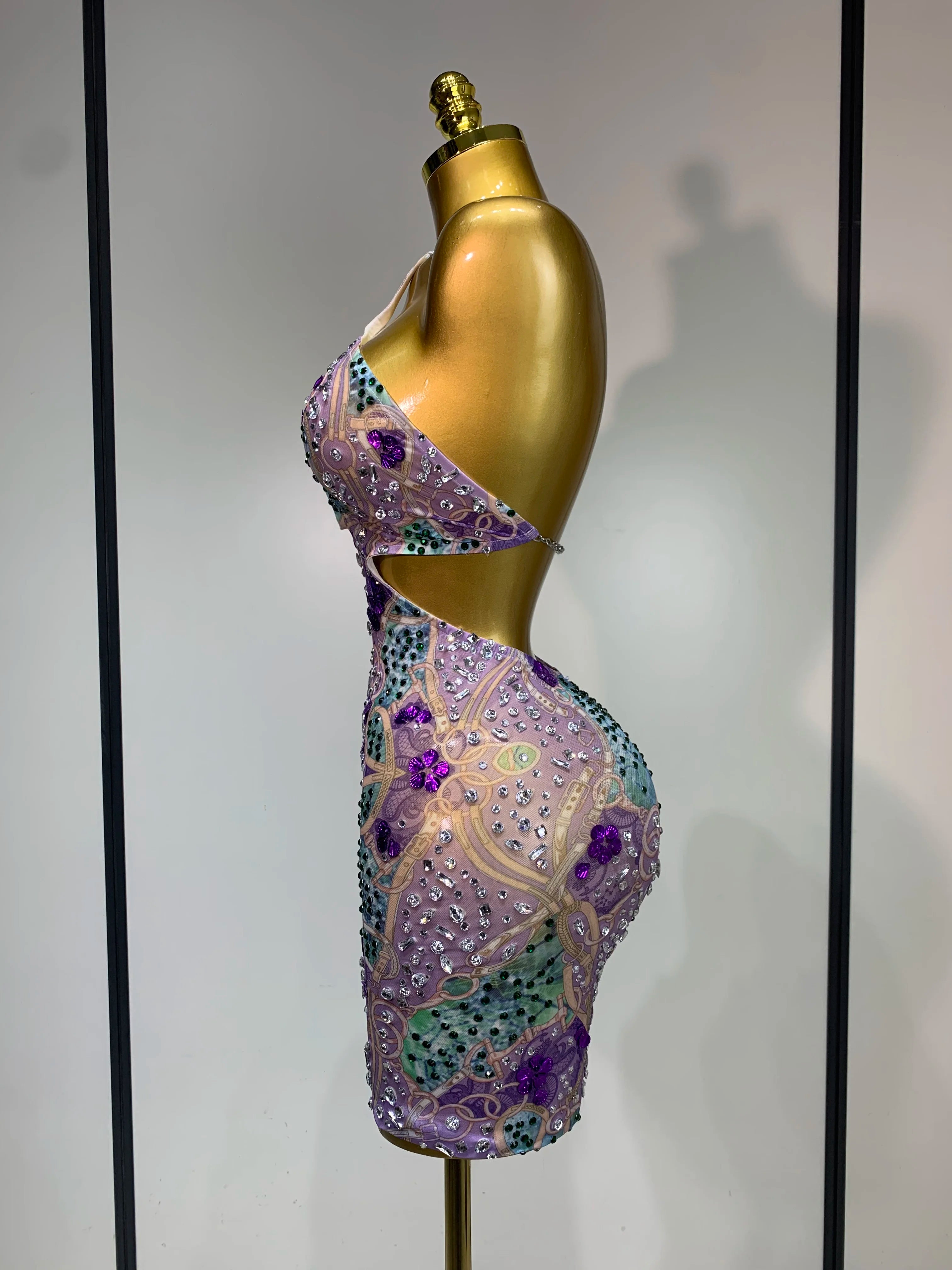 Sprakly Rhinestones Women Sexy Mesh See Through Hollow Out Mini Dress Luxury Birthday Birthday Photo Shoot Performance Costume