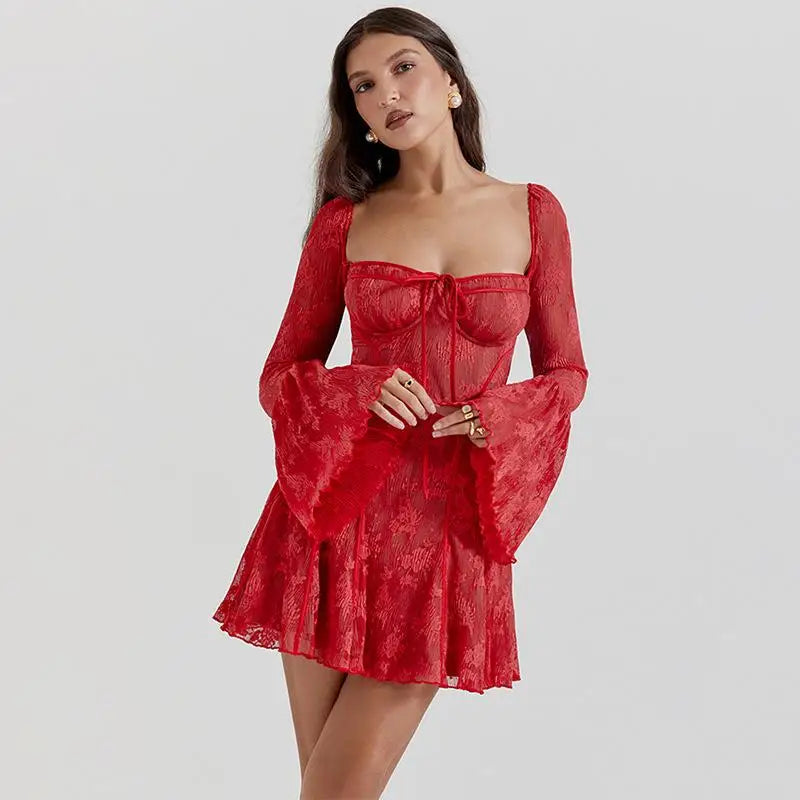 Vintage High Waist Lace A Line Mini Dress Women Elegant Spliced Flare Sleeve V Short Dresses Fashion Valentine's Day Party Robes Red