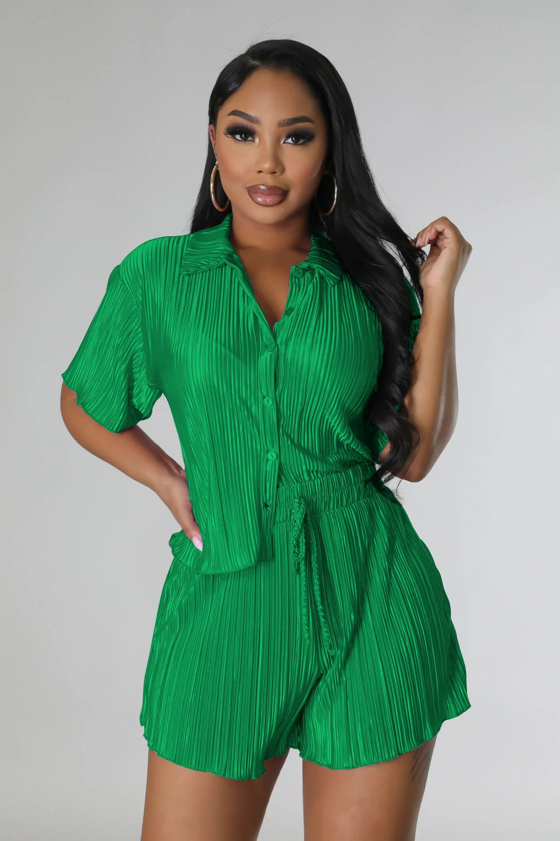CM.YAYA Street Vintage Pleated Women's Set Short Sleeve Shirt Blouse and Shorts Suit 2023 INS Two 2 Piece Set Outfit Tracksuit green