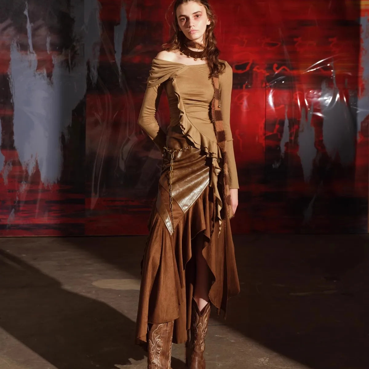 Lautaro Spring Autumn Soft Brown Patchwork Pu Leather Midi Asymmetrical Skirt Women High Waist Long Luxury Designer Clothes 2025