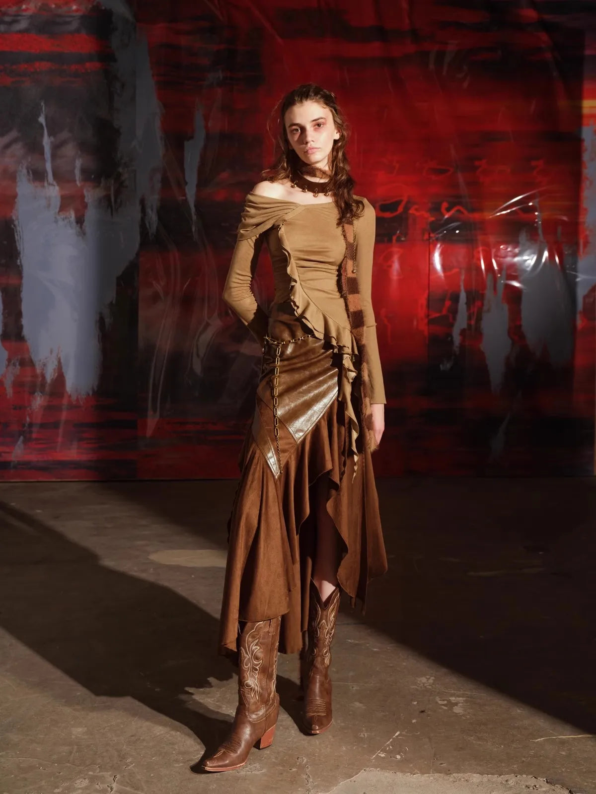 Lautaro Spring Autumn Soft Brown Patchwork Pu Leather Midi Asymmetrical Skirt Women High Waist Long Luxury Designer Clothes 2025