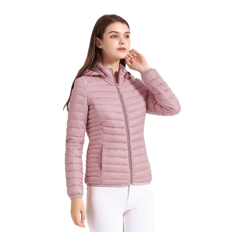 Winter Parka Ultralight Padded Puffer Jacket For Women Coat With Hood Outdoor Warm Lightweight Outwear With Storage Bag Pink