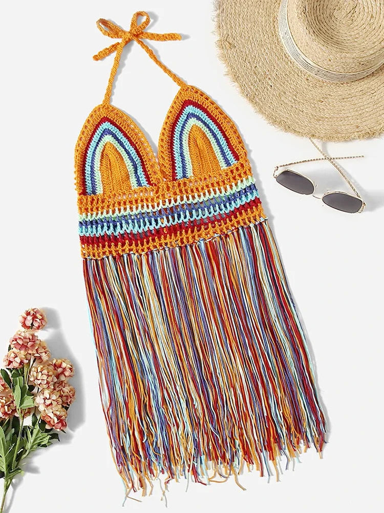 Crochet Hollow Out Tassel Beach Cover Up Sexy Women Mini Tops Beachwear Bikini Swimwear Bathing Suit Cover Up Orange One Size