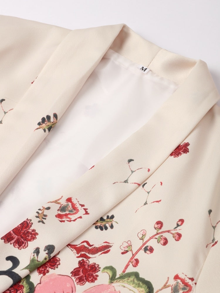 Printed Notched Blazer Women Suits With Belt Elastic High Waist Wide Leg Female Pants Two Piece Set Long Sleeve Top Outfits