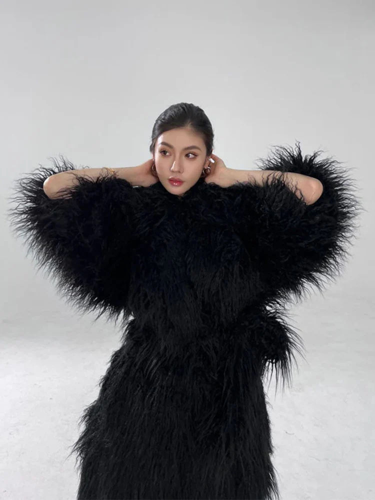 Winter Long Black Hairy Shaggy Thick Warm Soft Fluffy Faux Fur Coat Women Sashes Luxury Designer Overcoat Runway Fashion