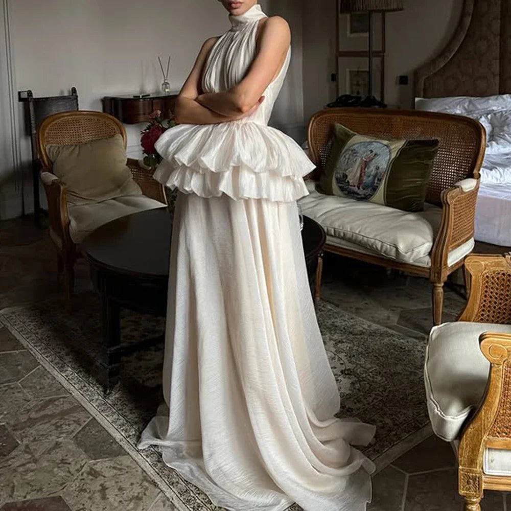 Solid Spliced Ruffles Folds Elegant Dresses for Women High Neck Sleeveless Temperament Dress Female Clothing New
