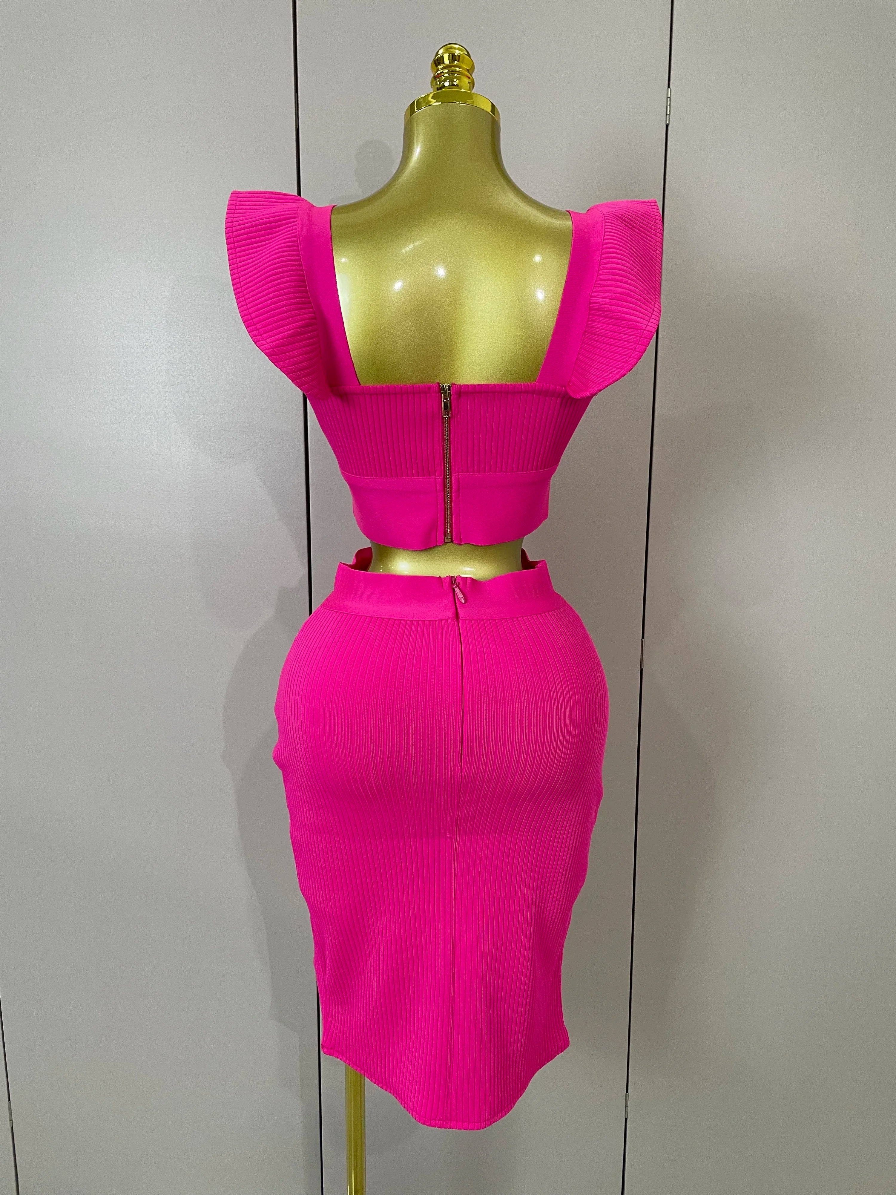 Women 2025 New Sexy Backless Ruffles Red Bandage Two Pices Set 2025 Celebrity Evening Elegance Birthday Party Dress