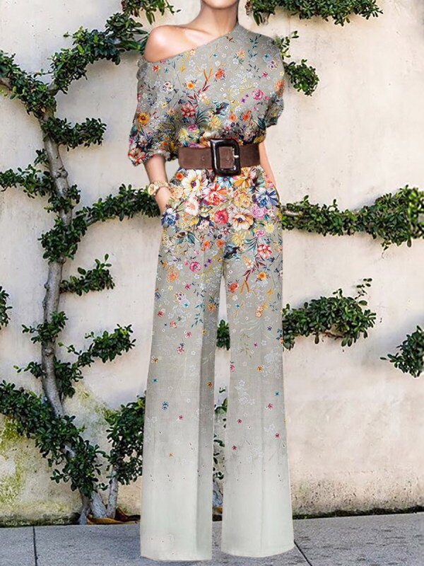 Print Jumpsuit Women Autumn and Spring 2024 New Fashion Long Sleeve Lapel Loose Casual Elegance Green Jumpsuits Print 2 (No Belt)