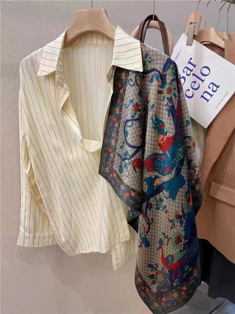 BYSIFA| New Grey Blue Silk Scarf Fashion Floral Design 70cm Square Scarves Fall Winter Neck Scarf Hijab Sweet Headband 65*65cm