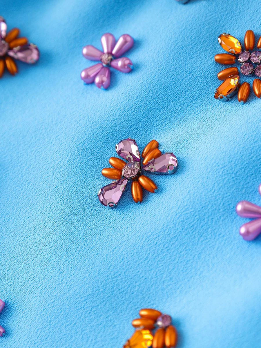 Solid Slimming Spliced Bead Luxurious Dresses for Women Square Neck Long Sleeves Temperament Dress Female Clothing