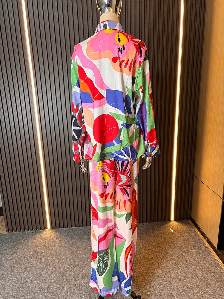 ZARATRASnew summer women's new trousers suit lapel loose silk texture shirt + positioning printed wide leg pants