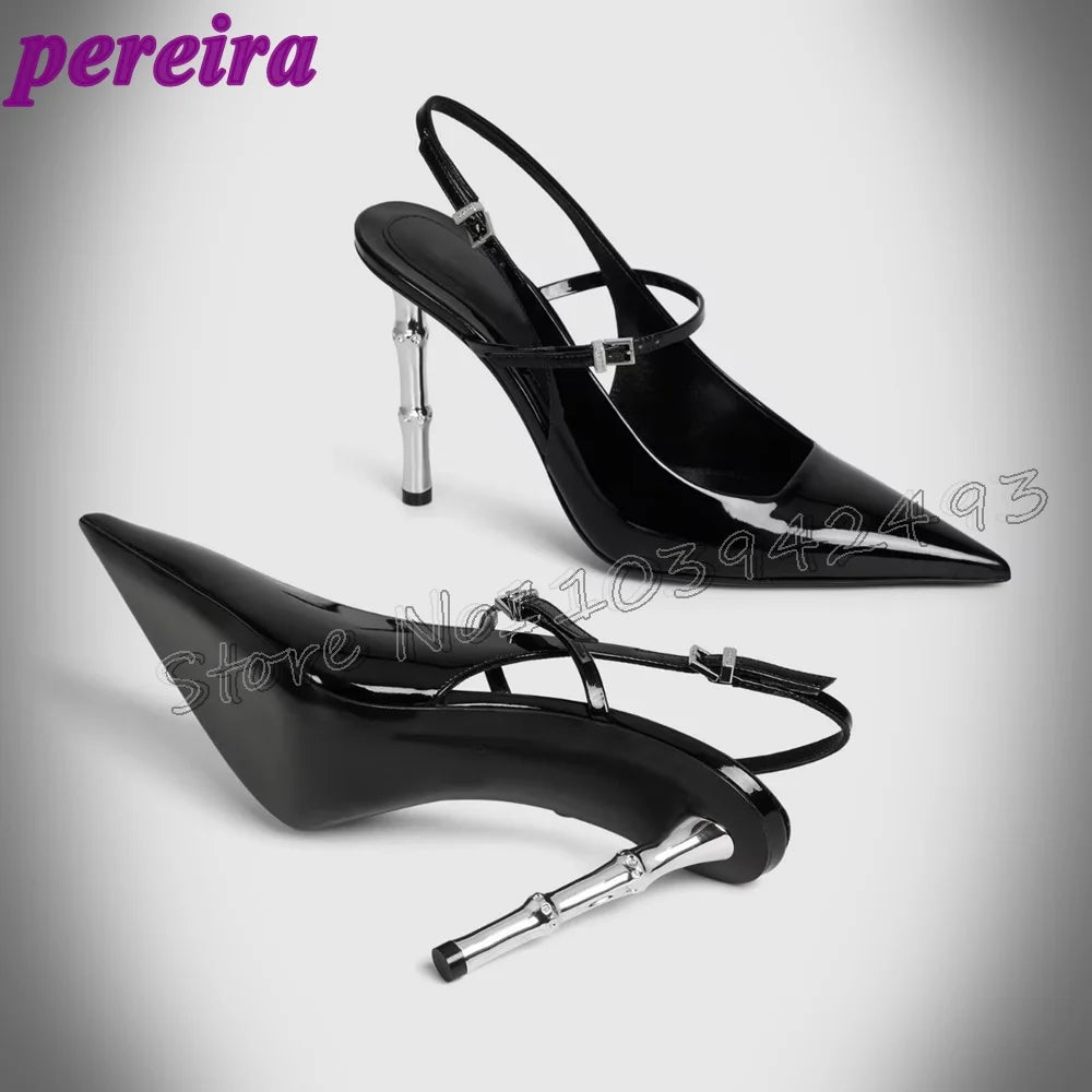 Black Patent Leather Pointed Toe Shiny Silver Heels Strappy Women's High Heels Sandals Stylish Outdoor Indoor Shoes New Summer black