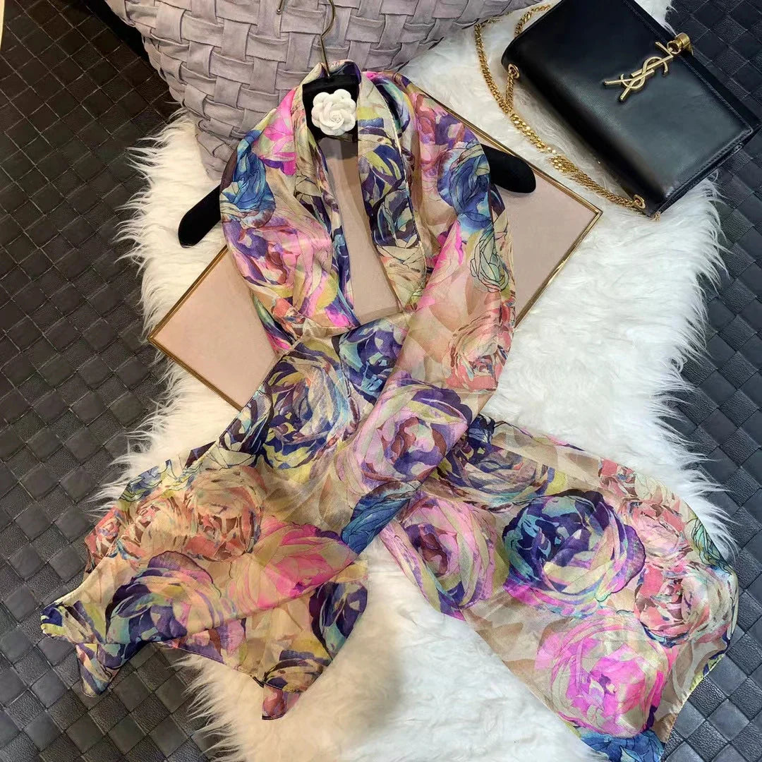 Ladies Green 100% Silk Scarf Shawl Winter Rose Design Women Pure Silk Scarves Wraps Fashion Beach Shawl Cover Ups Pink Scarf pink roses