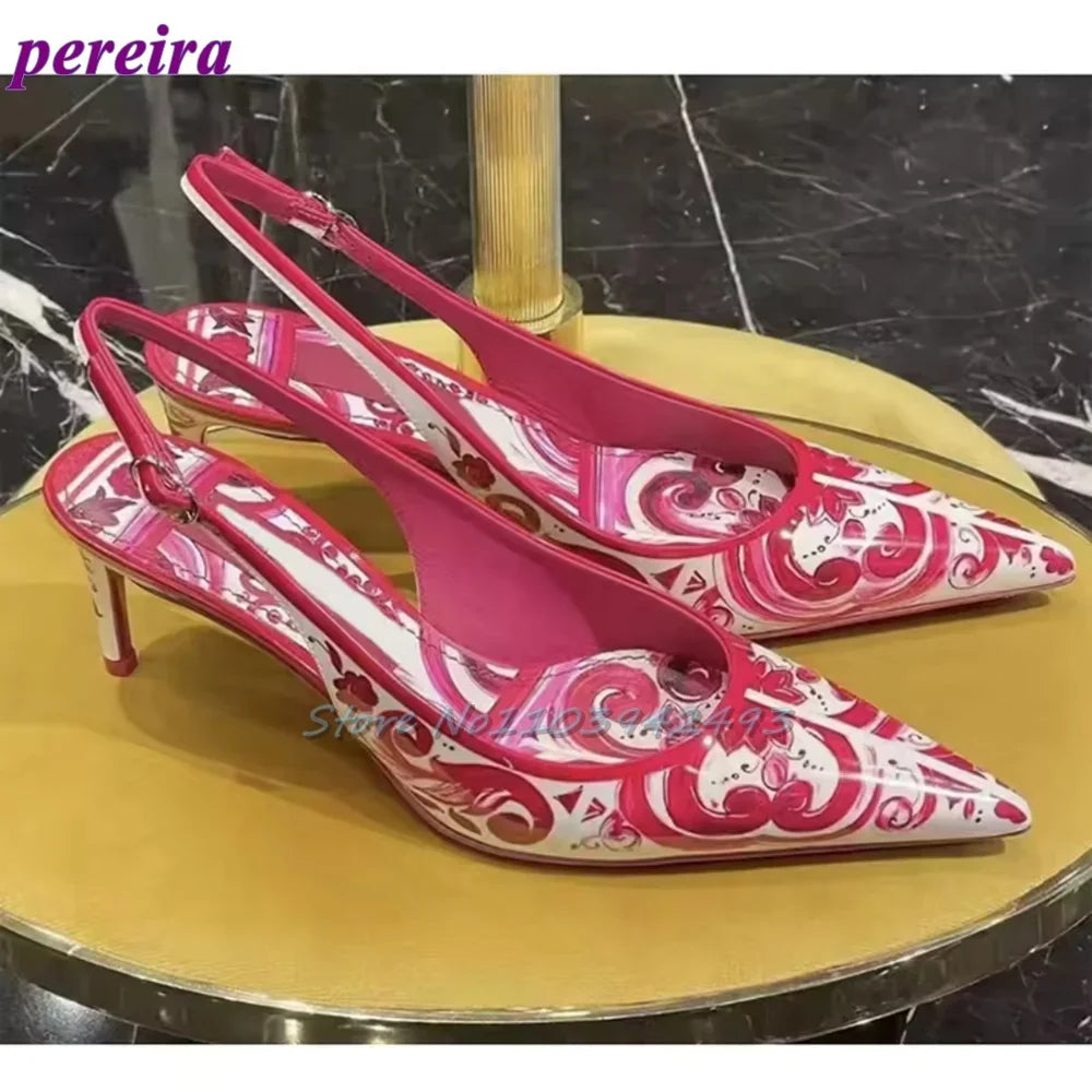 Red Mixed Color Sandals Women Luxury Designer Pointed Toe High Heels 6CM Back Strap Lambskin Buckle Strap Summer Prints Shoes