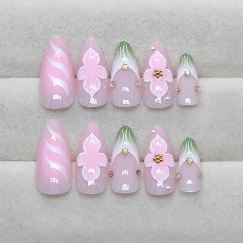 24pcs Sweet Almond Fake Nail Tips Hand-painted Flower Pearl Pattern Blush Pink Press On Nails Gentle Ins Style False Nails Y3