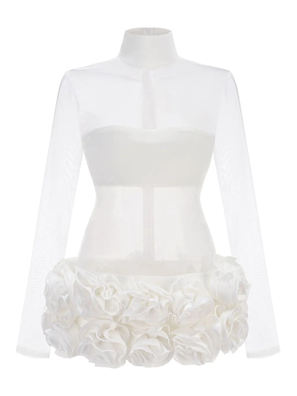 2024 Sexy Women's Perspective Mesh Mini Dress Stand Collar Long Sleeve Bodycon 3D Flower Decoration Dress Evening Party Vestidos