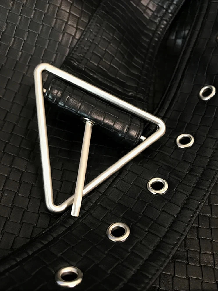 Lautaro-Women's Black Leather Shirt Jacket, Long Sleeve, Belt Pockets, Single Breasted, Loose, Casual, Luxury, Korean Fashion