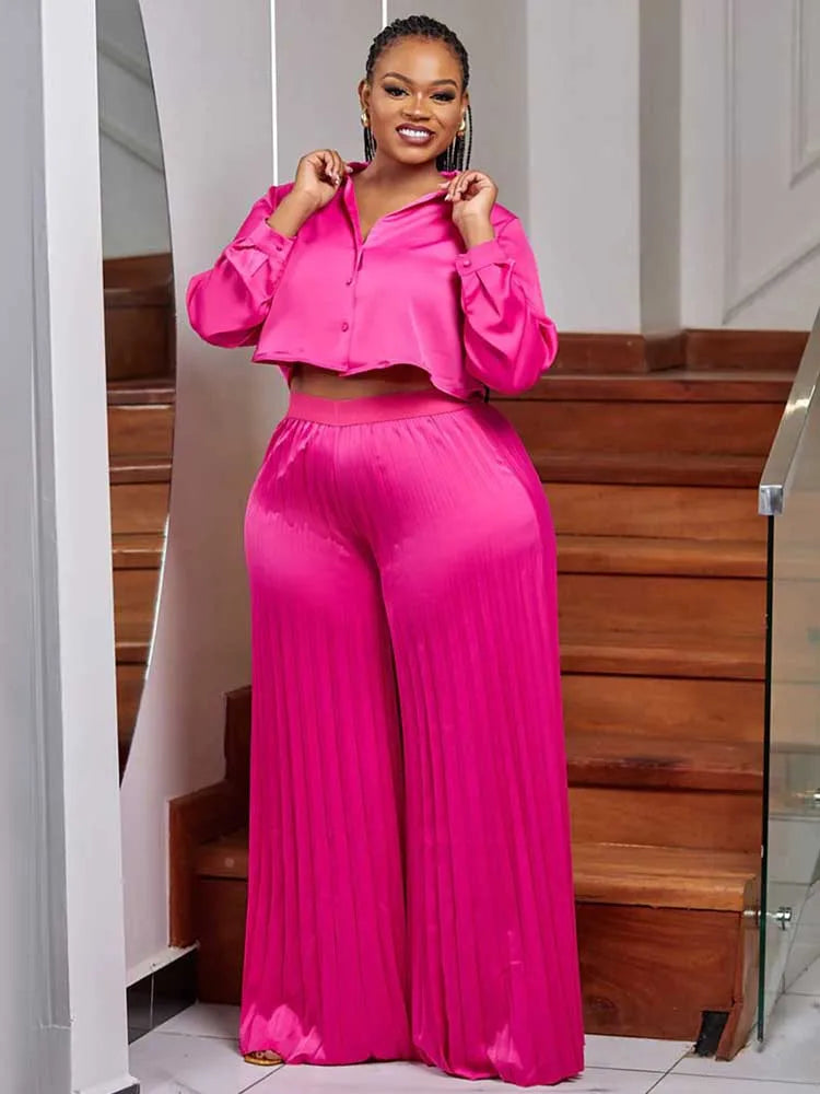 2 Piece Sets Women Outfit Luxury Elegant Autumn Long Sleeve Button Top and Pleated Pants Set Casual Ladies Clothes Plus Size Fuchsia