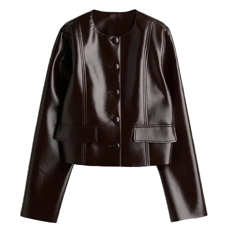 PU Leather Jackets Short Skirt Sets Women Single-Breasted Jacket Suits With High Waisted Mini Skirts Lady High Street Outfits round neck