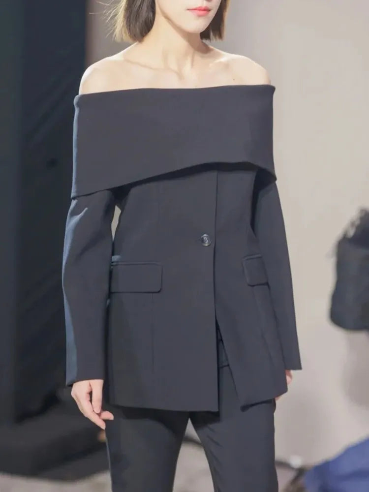 Solid Temperament Blazers For Women Slash Neck Long Sleeve Patchwork Pocket Minimalist Slim Blazer Female Fashion