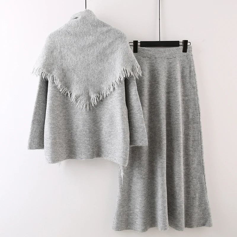 Autumn Winter New Fashion High-End Casual Knitted Set For Women Tassel Shawl Pullover Sweater Skirt Female 11A07539 Light Gray One Size