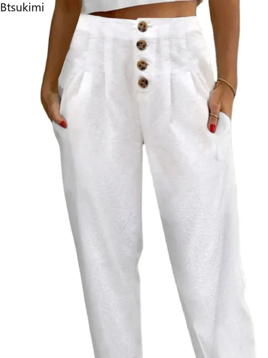 Women's Casual White Pants High Waist Button Slim Solid Pockets Pencil Pants Female Soft Breathable Women Trousers Joggers