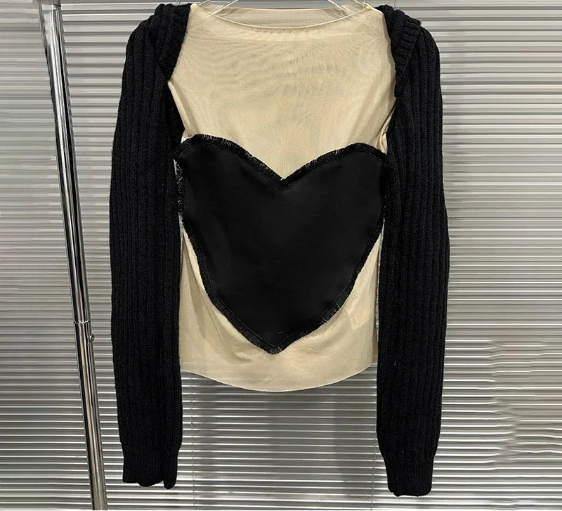 Autumn Winter New Fashion Heart Pattern Casual O-neck T-shirt For Women Black Knitted Hooded Pullover Female 11A07566